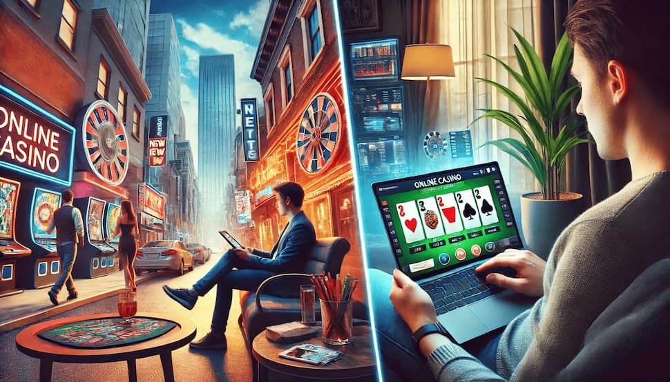 Un jugador disfruta de un casino online nuevo en un entorno urbano, mientras otro juega en un casino online consolidado desde su espacio privado